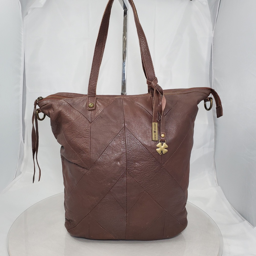 Lucky Brand Brown Leather Chevron Patchwork Large Tote Shoulder Bag Clover Charm